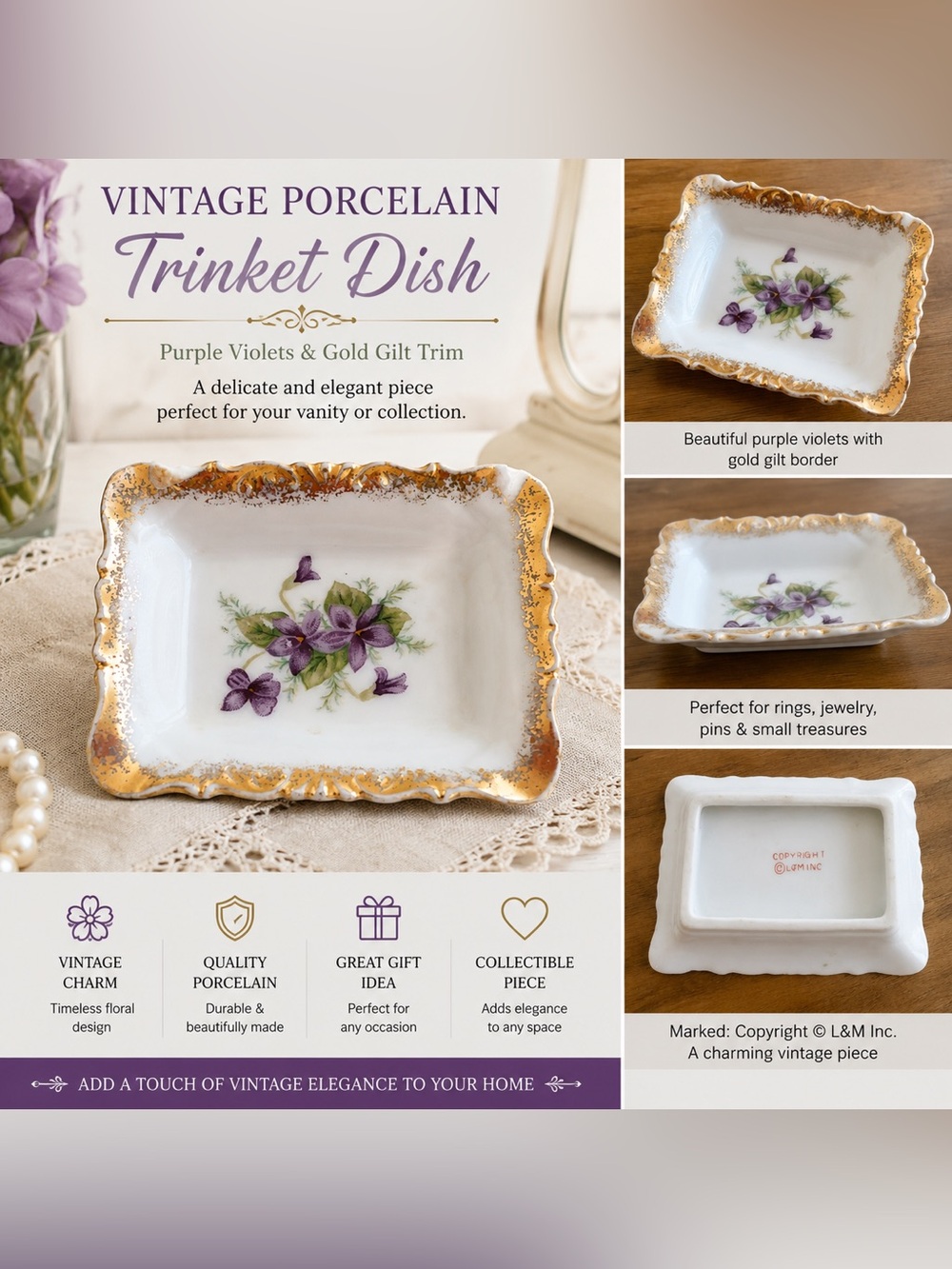 Vintage Porcelain Trinket Dish with Purple Violets & Gold Gilt Trim | L&M Inc.